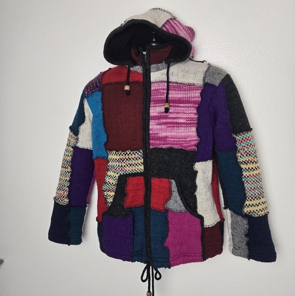 SHOPOHOLIC FASHION Hoodie Jacket Mens Small Knitted Multicoloured Wool Patch - Picture 5 of 16